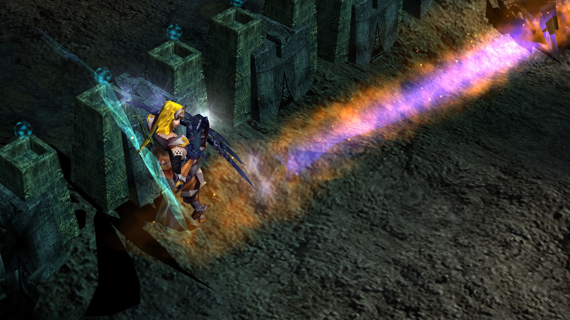 An elf firing a burning arrow at a dark knight.