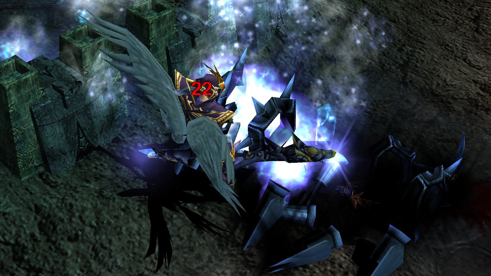 A winged mage caught in a storm of ice shards.