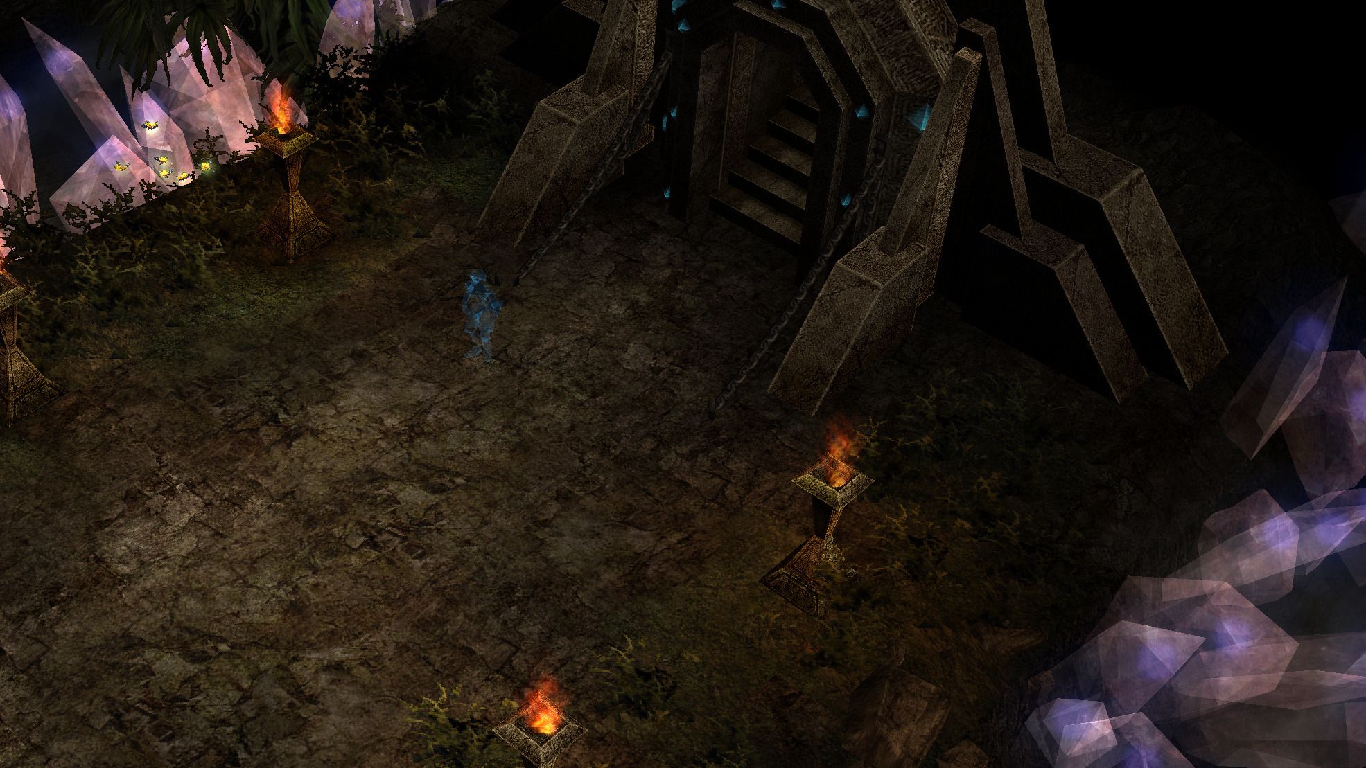 Purple crystals growing out of the ruins of Kanturu.